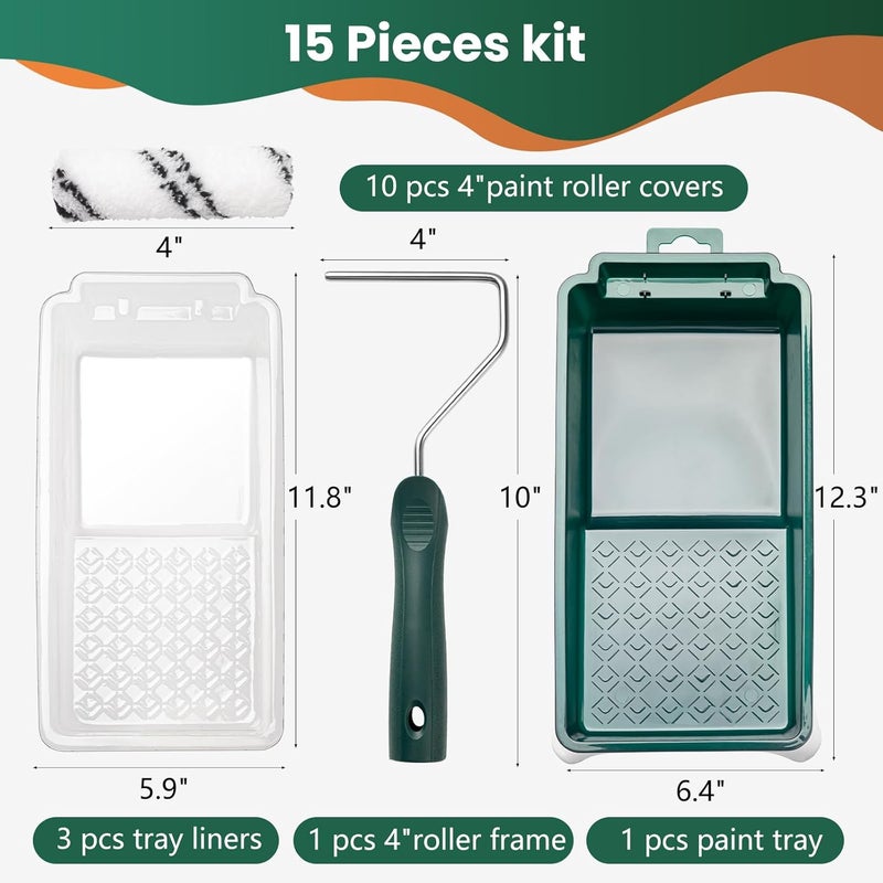CoatPro Twools Paint Roller Kit, 15 Pcs 4 Inch Small Roller, Paint Tray, Paint Tray Liners and Paint Roller Frame, Home Improvement Paint Supplies, Mini Paint Rollers for Painting Walls - Image 5